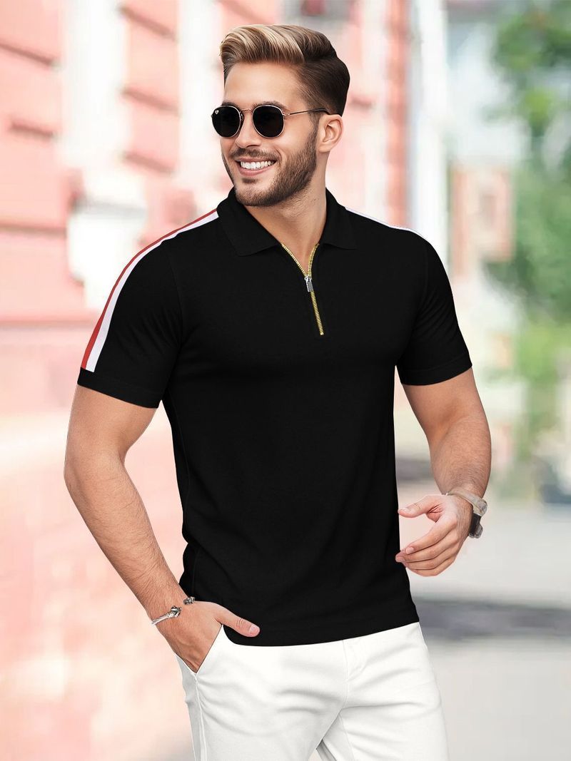 Men Printed Polo Neck Cotton Blend Black T-Shirt