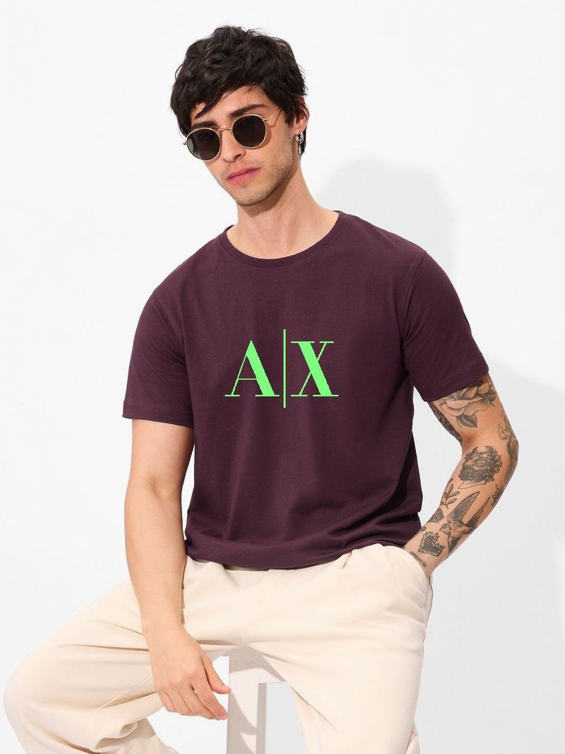Men Printed Round Neck Pure Cotton Maroon T-Shirt