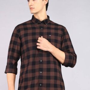 Men Slim Fit Checkered Button Down Collar Casual Shirt