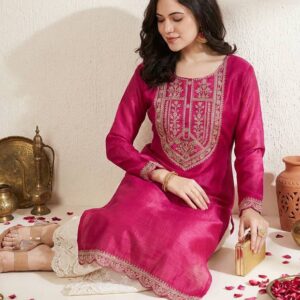 Women Embroidered Silk Blend Straight Kurta