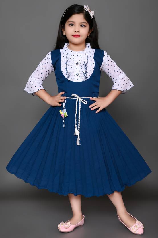 Girls Below Knee Casual Dress (Blue, 3/4 Sleeve)