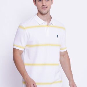 Men Striped Polo Neck Pure Cotton White, Yellow T-Shirt