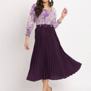 Women A-line Purple, White Midi/Calf Length Dress