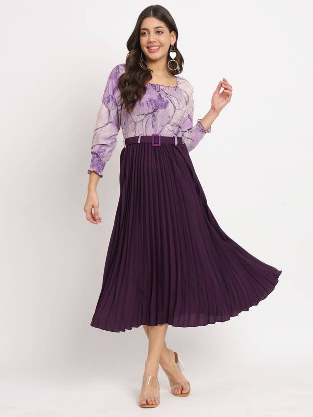 Women A-line Purple, White Midi/Calf Length Dress