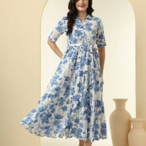 Klikniz Women A-line Blue Midi/Calf Length Dress