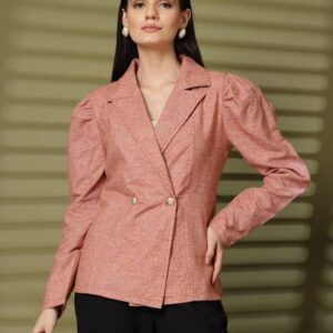 PLUSS Women Solid Mandarin Casual Blazer (Pink)